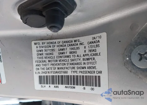 2010 Honda Civic Lx из США, поврежденный, VIN 2HGFA1F53AH321660